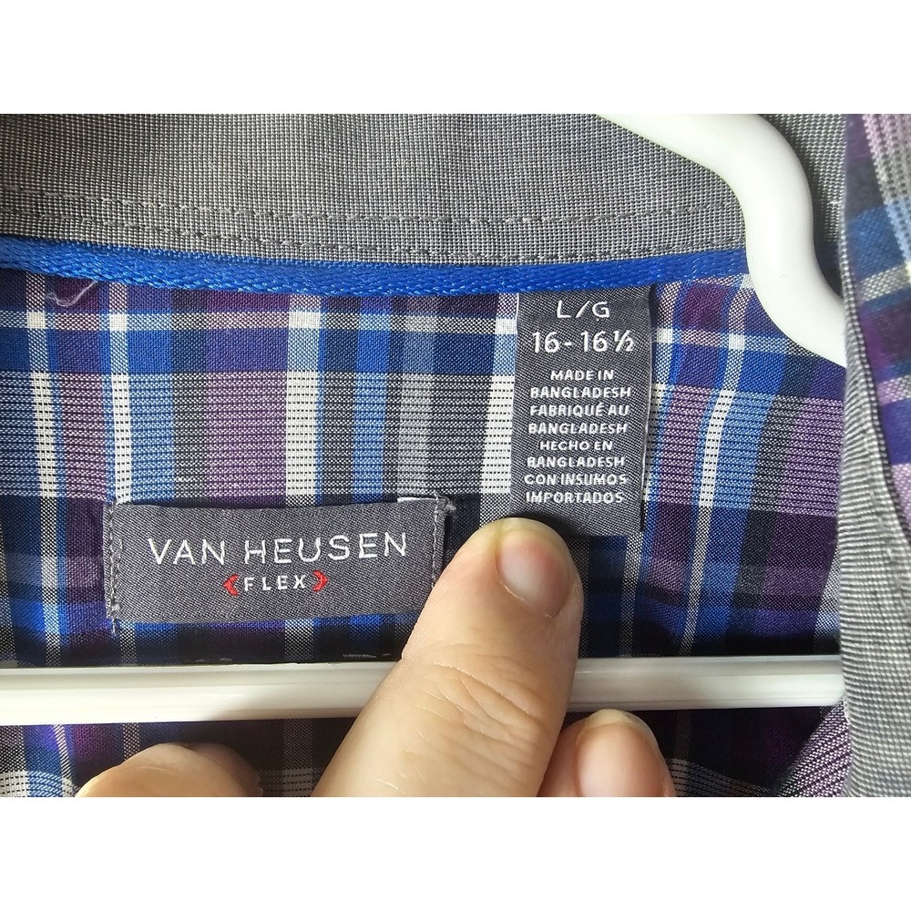 Van Heusen Flex Plaid Button Down Shirt L/G 16–16.5 Blue Purple Long Sleeve - Picture 3 of 3